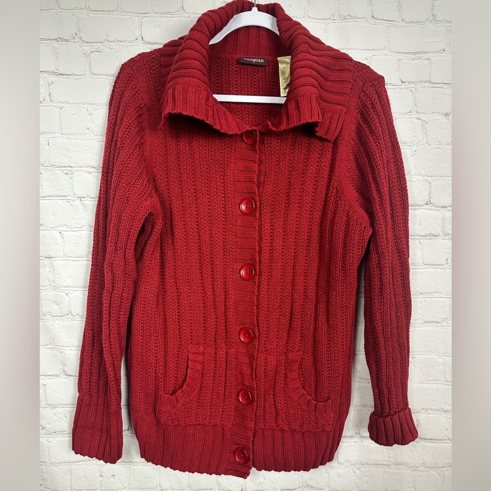 Villager Cable Knit Cardigan Sweater Christmas Festive Cozy 100% Cotton, NWT $59